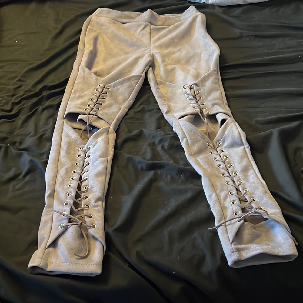 Lace up grey suede pants